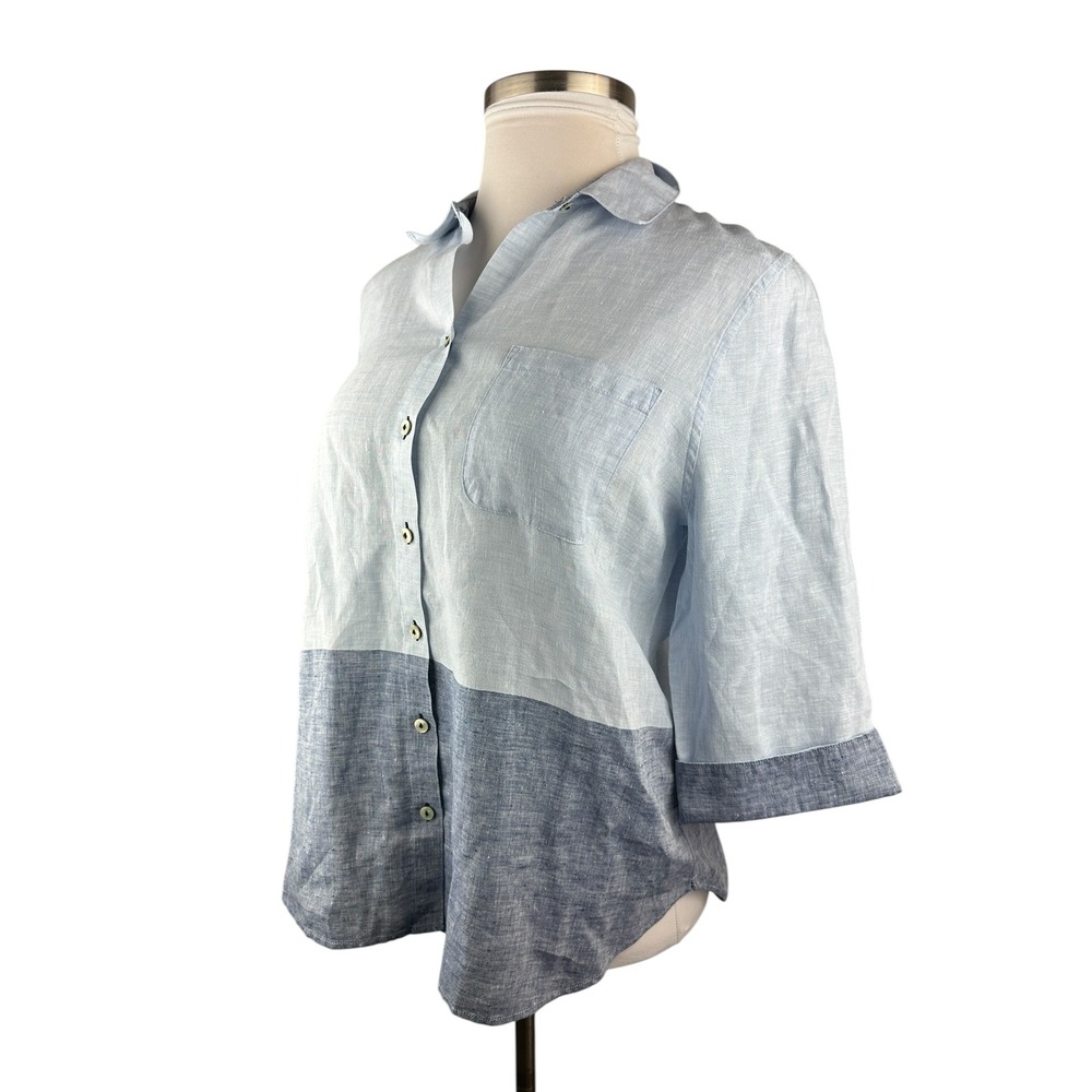 Chico's 100% Linen No-Iron Button-Up Shirt Colorblock TopSize 2 12 / 14 Coastal - Picture 4 of 10